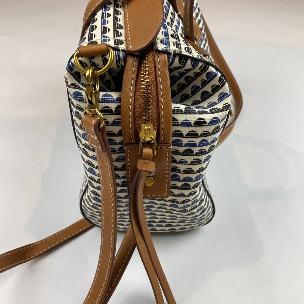 Fossil Emma Satchel Handbag Purse With Matching NWT Wallet, Blue Black Print